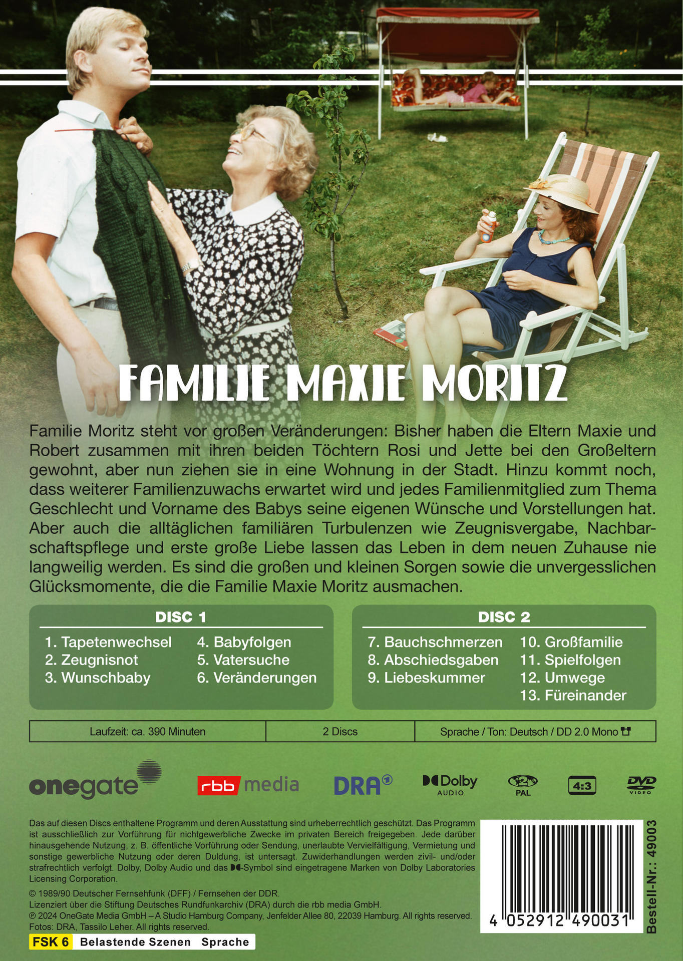 Die Rückseite einer DVD-Hülle. Der Titel lautet Familie Maxie Moritz. Text auf Deutsch.