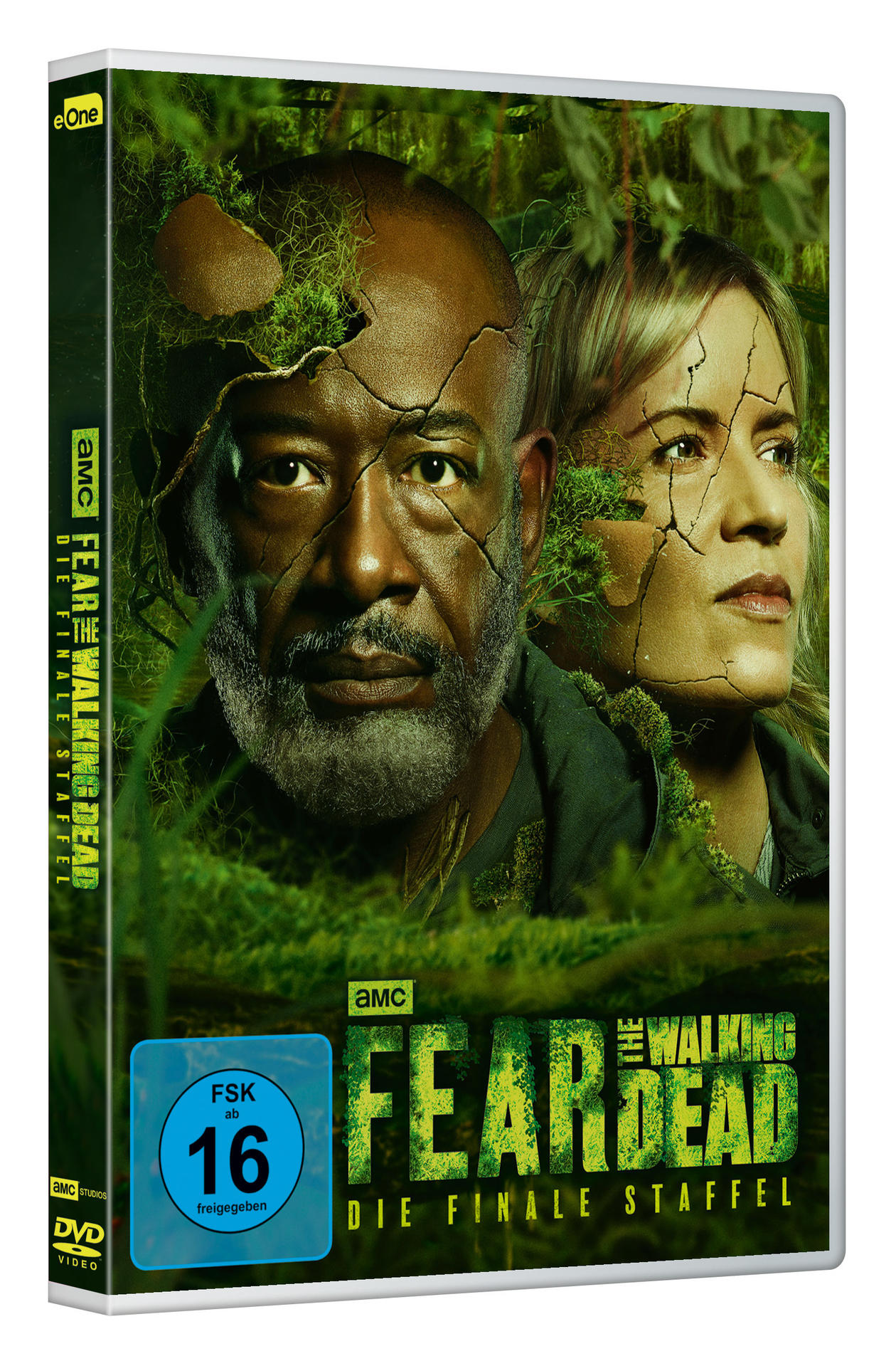 DVD-Hülle mit Gesichtern und grünem Hintergrund. Text: Fear the Walking Dead, Staffelfinale.