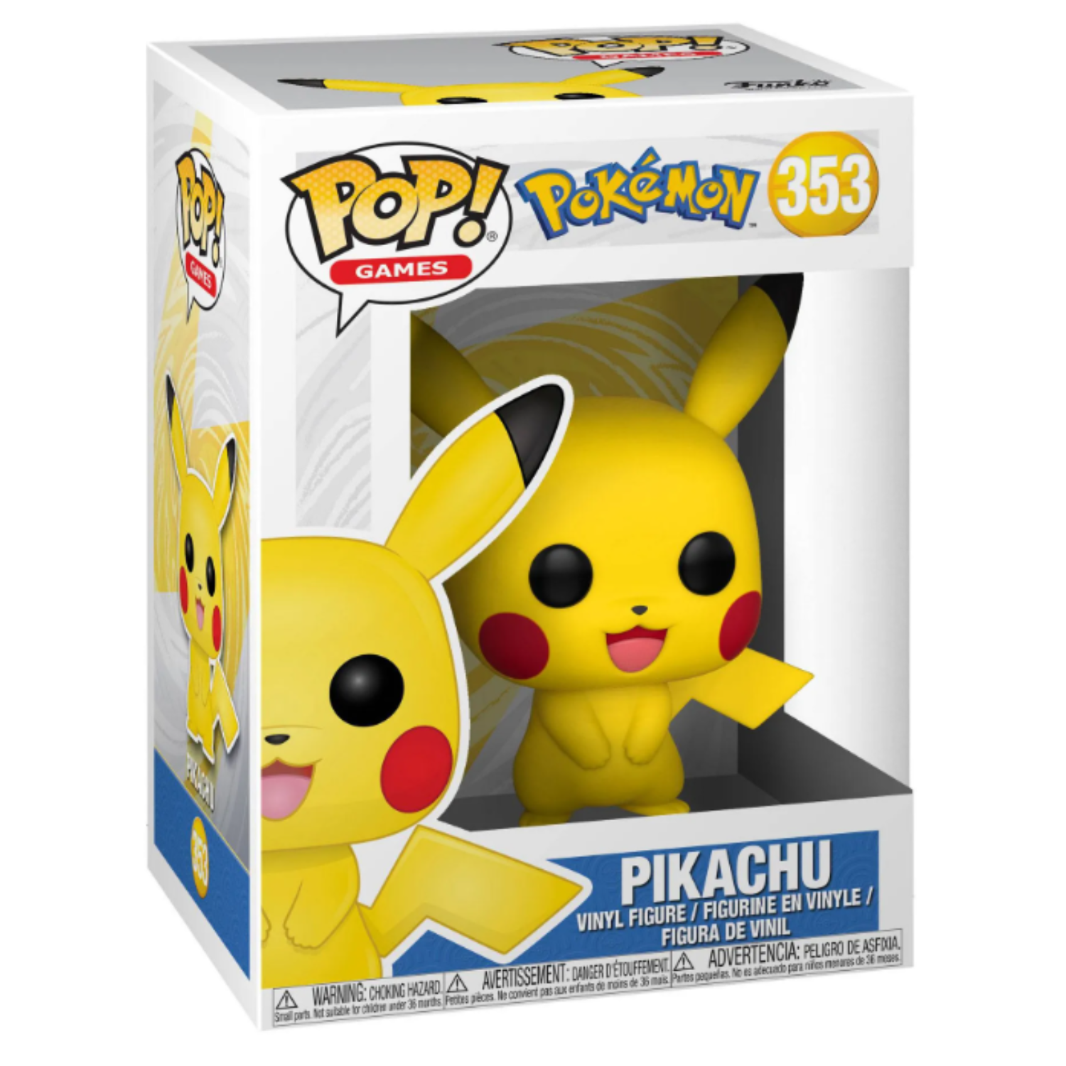 Funko Pop! figuur van Pikachu, in een doos met het Pokemon logo.