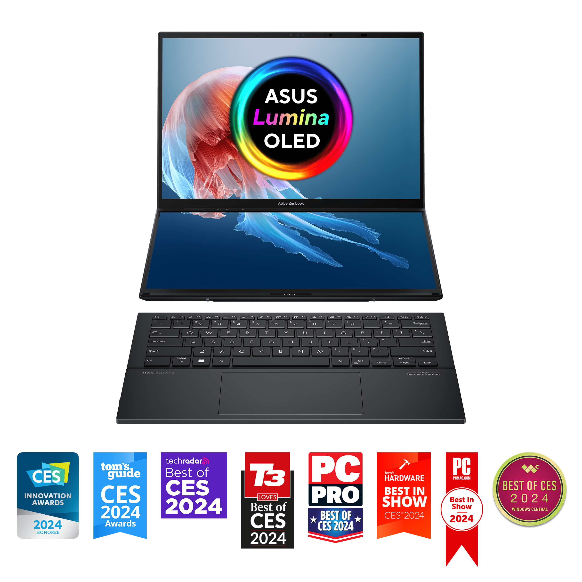 Ordenador portátil de doble pantalla con logotipos de premios.
