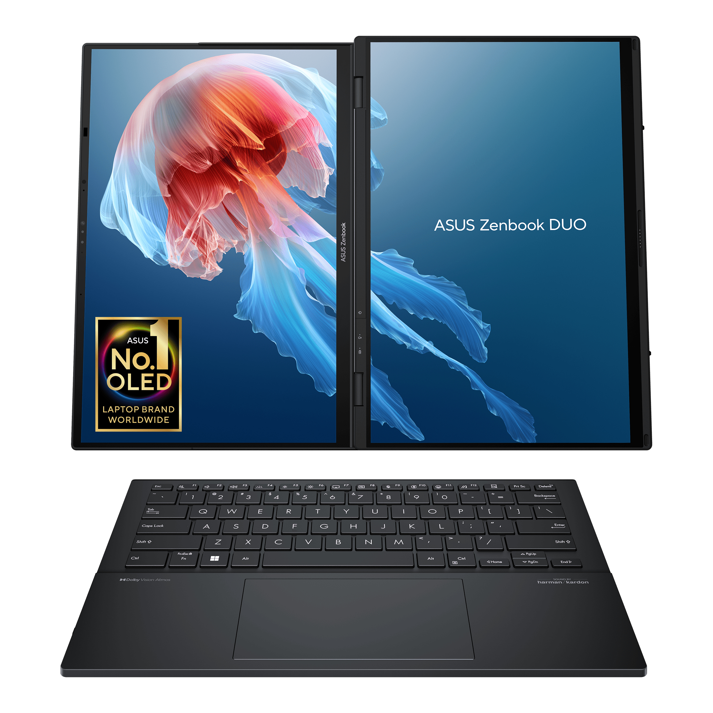 Portátil con dos pantallas abiertas, una con una imagen de medusa, teclado negro debajo.