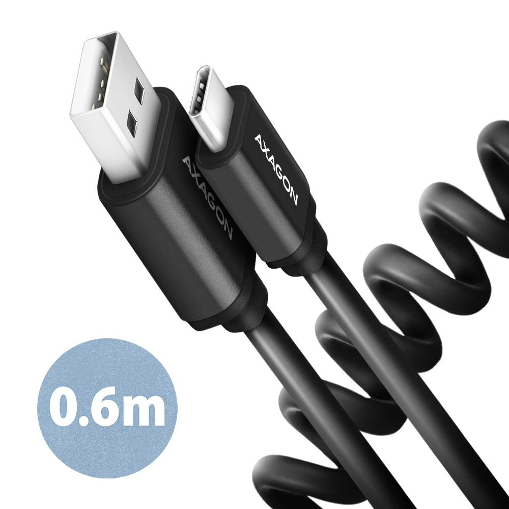 AXAGON USB-A - USB Type-C adat és töltő spirálkábel, 35-60 cm, fekete (BUCM-AM10TB)