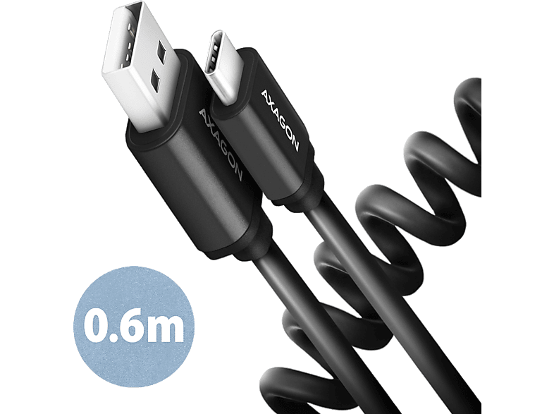 AXAGON USB-A - USB Type-C adat és töltő spirálkábel, 35-60 cm, fekete (BUCM-AM10TB)