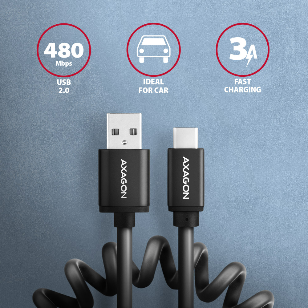 Két fekete USB kábel USB-A és USB-C csatlakozókkal. A kábeleken az AXAGON felirat látható.