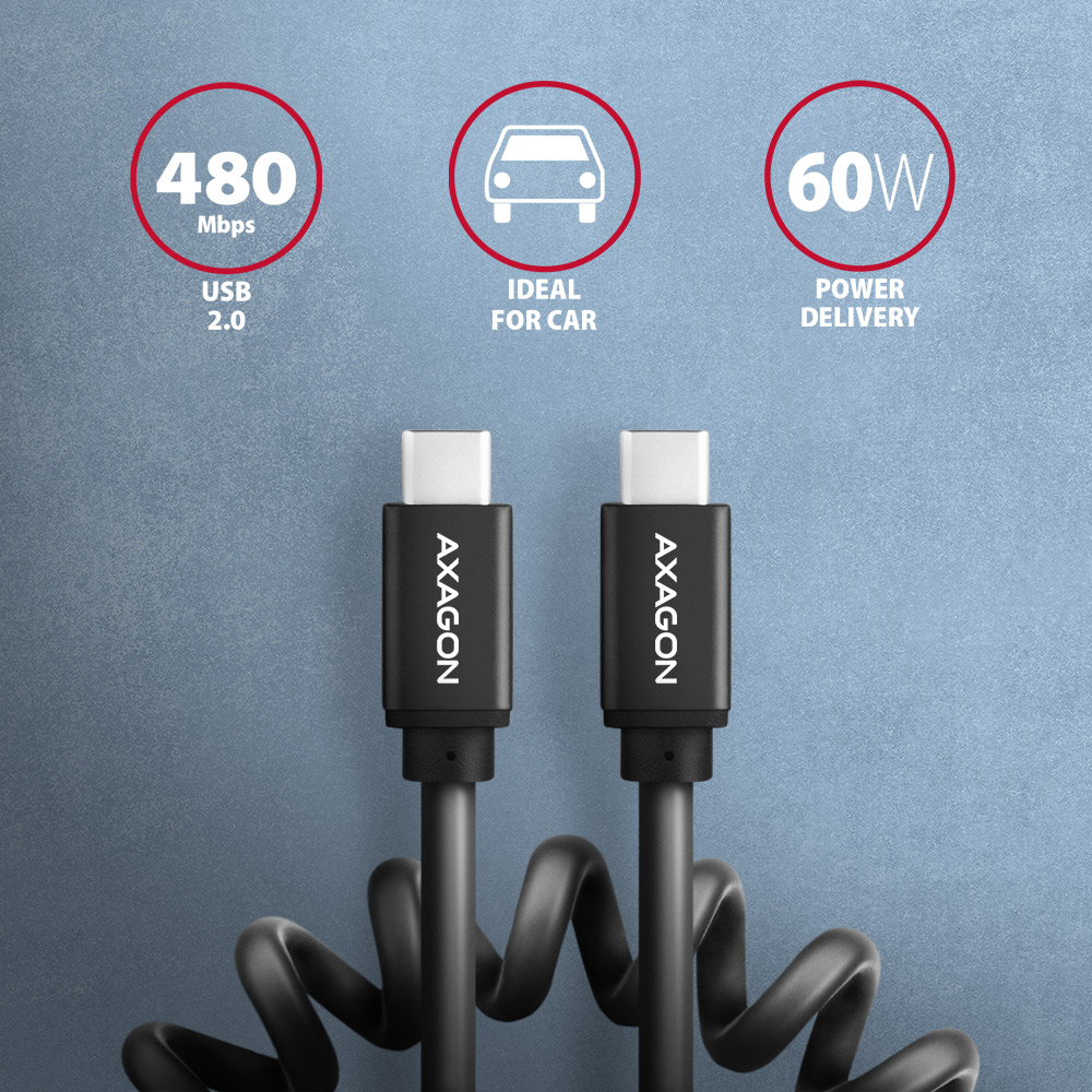 Két fekete USB-C kábel, mindegyiken egy csatlakozó. A csatlakozón a szöveg: 'AXAGON'.
