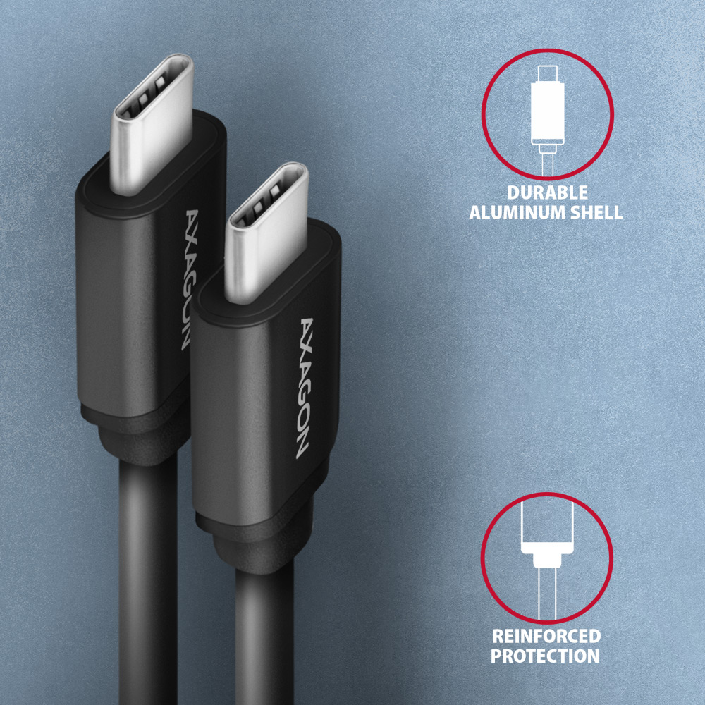 Két fekete USB-C kábel fehér csatlakozókkal, a tartósságra utaló feliratokkal.