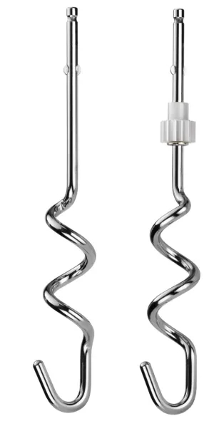 Dwa elementy mocujące miksera, jeden z białym plastikowym elementem.