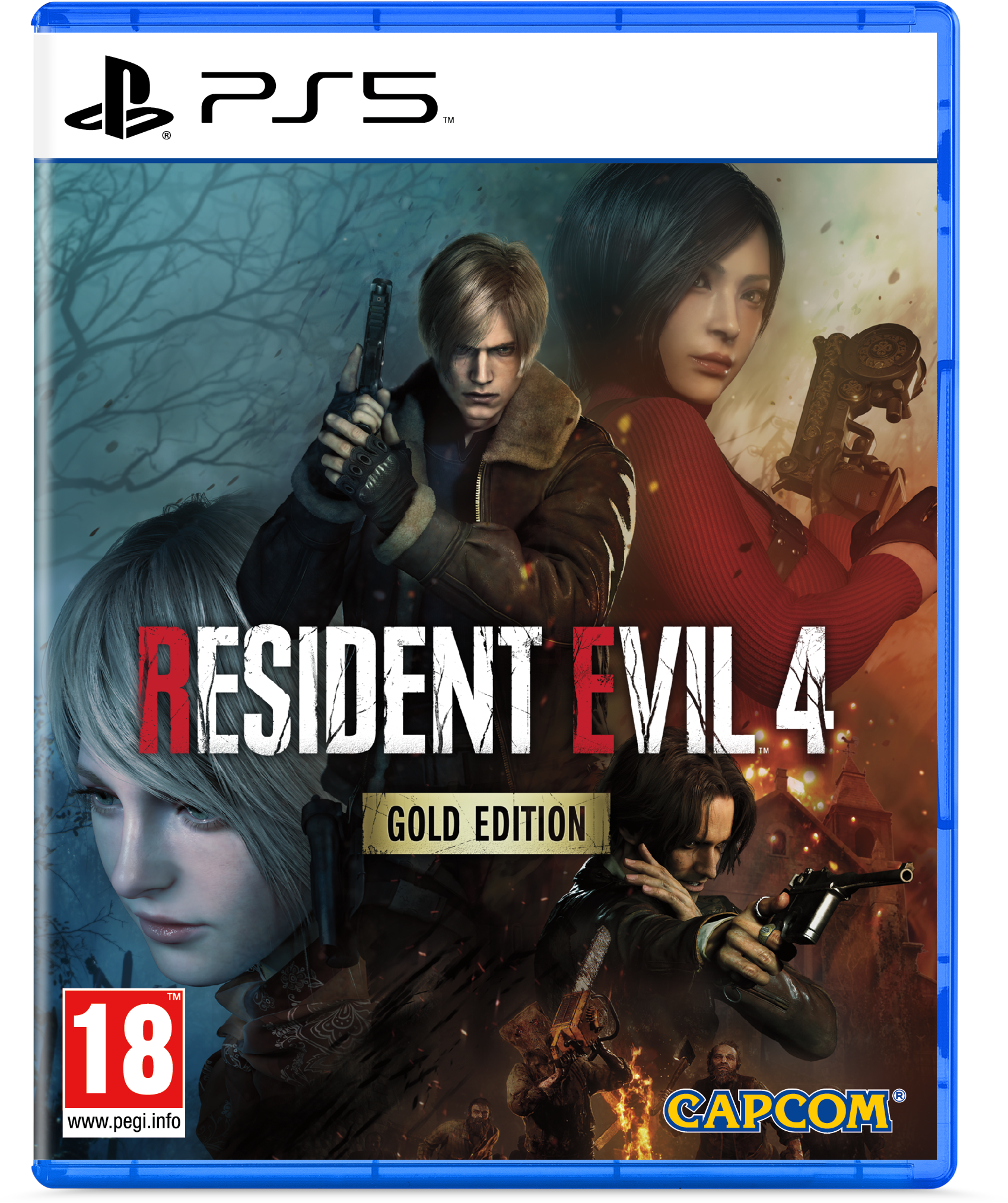 Okładka gry PS5, 'Resident Evil 4 Gold Edition', ze zdjęciami postaci i niebieską ramką.
