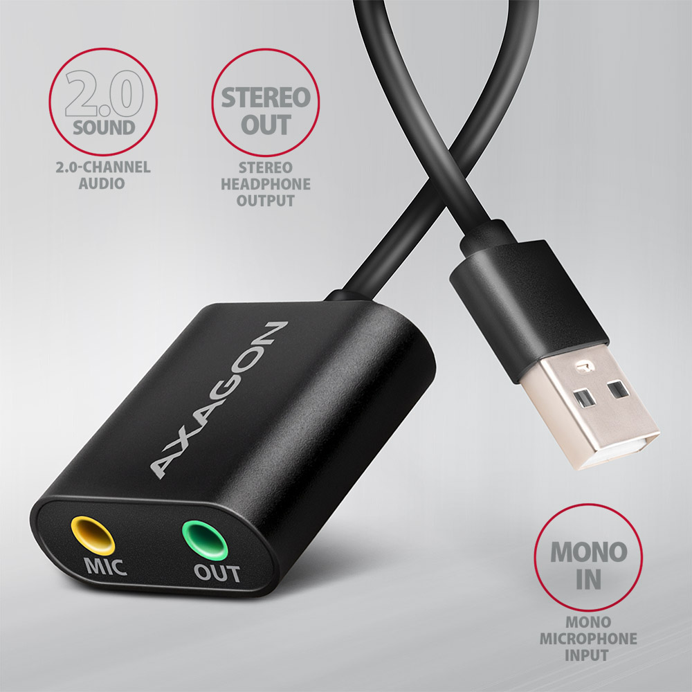 Axagon audio adapter USB-vel és audio csatlakozókkal fehér háttéren.