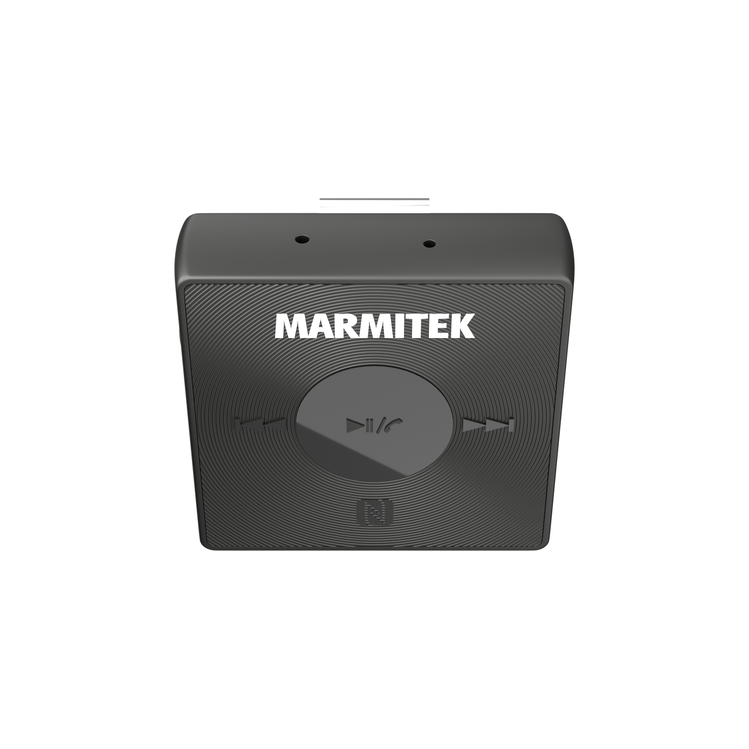 Black square device with a silver clip on the back. The device is on a black background.