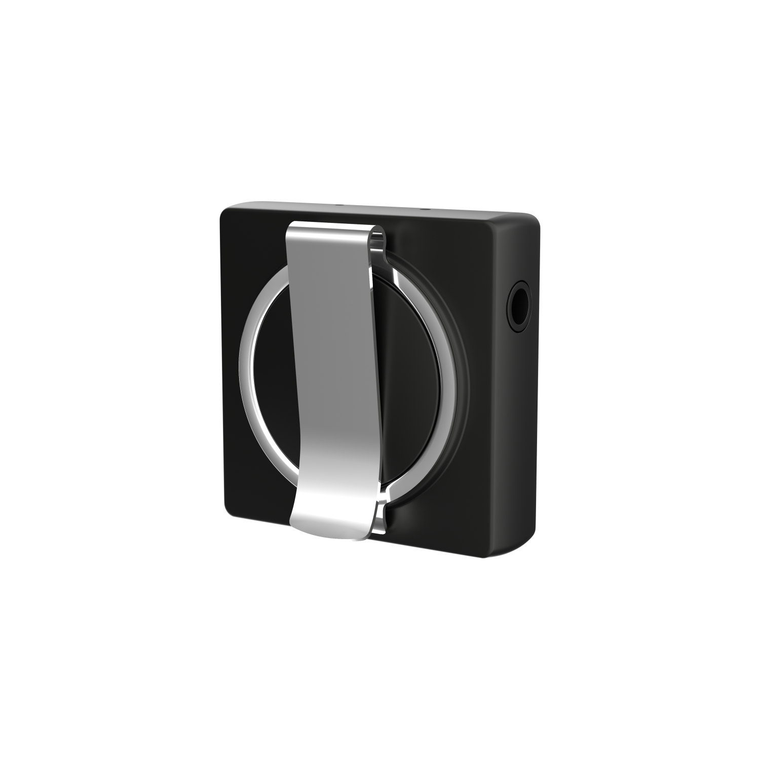 Black square device with silver clip and a circular design on the front, on a black background.