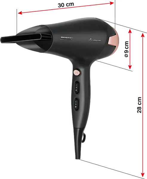 Czarna suszarka do włosów z wymiarami i różowo-złotym akcentem.