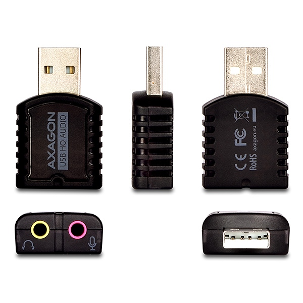 Fekete USB audi adapter fejhallgató- és mikrofoncsatlakozókkal. Fehér háttér.