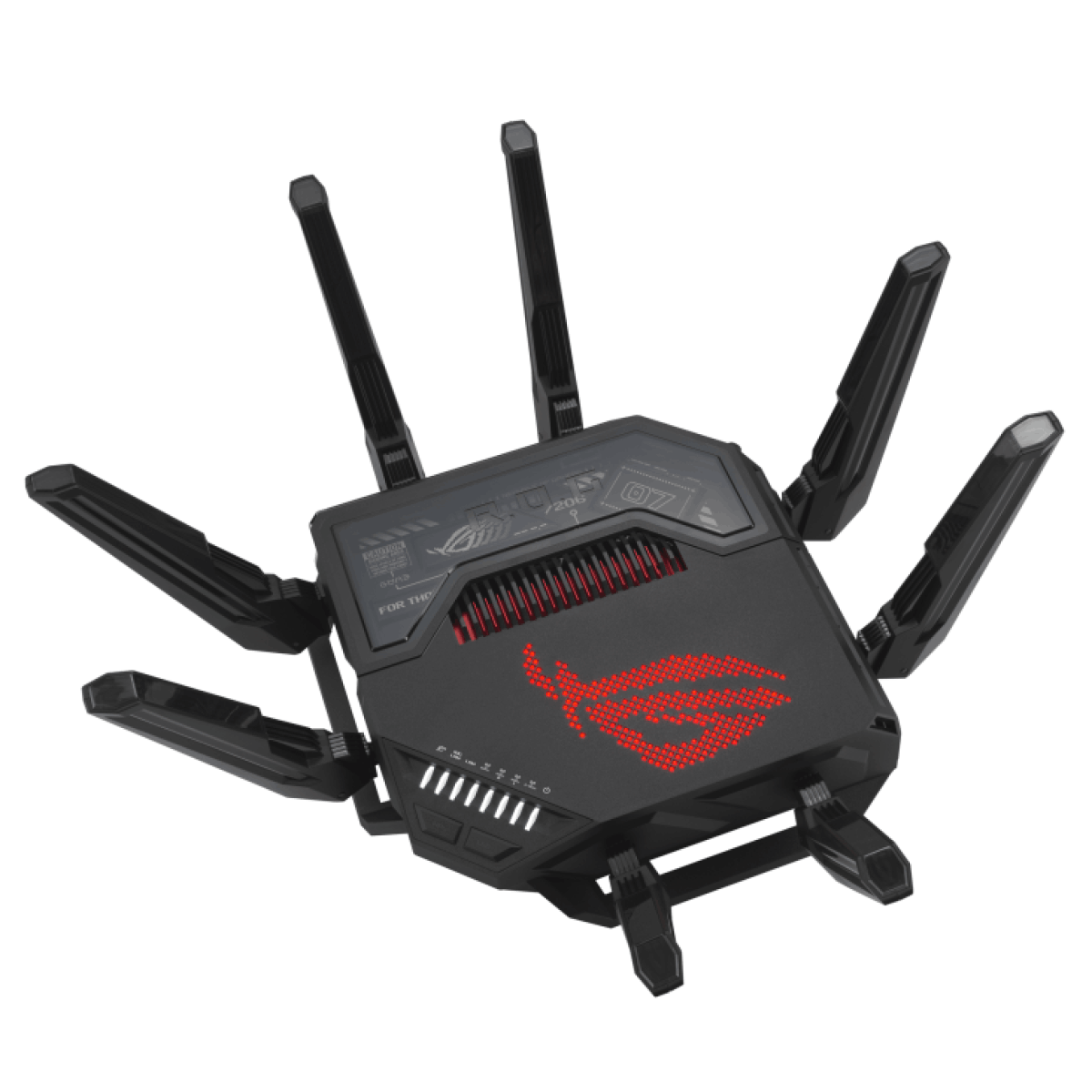 Router negro con detalles de luz roja y seis antenas, fondo blanco.