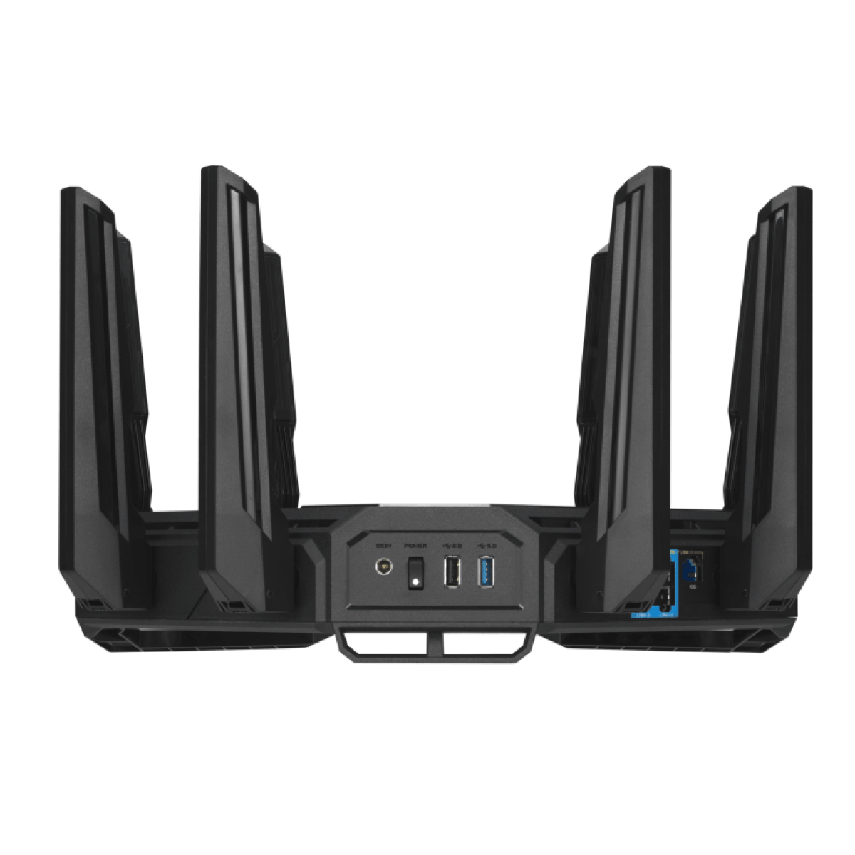 Un enrutador negro con antenas. Tiene puertos para alimentación, USB y Ethernet. El logotipo no es visible.