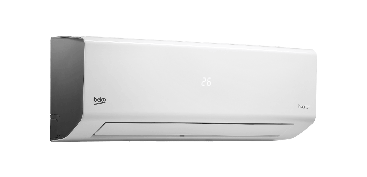 Aire acondicionado Beko blanco sobre una pared blanca.