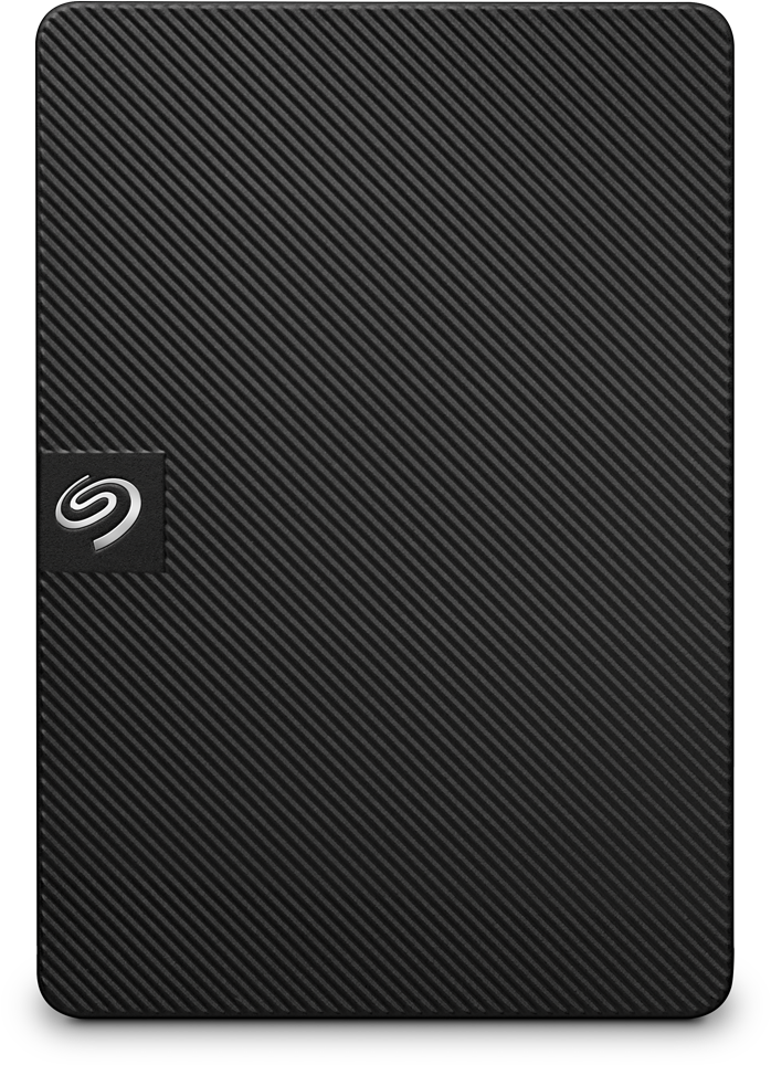 Schwarze externe Festplatte von Seagate mit diagonalen Linien und dem Seagate-Logo.