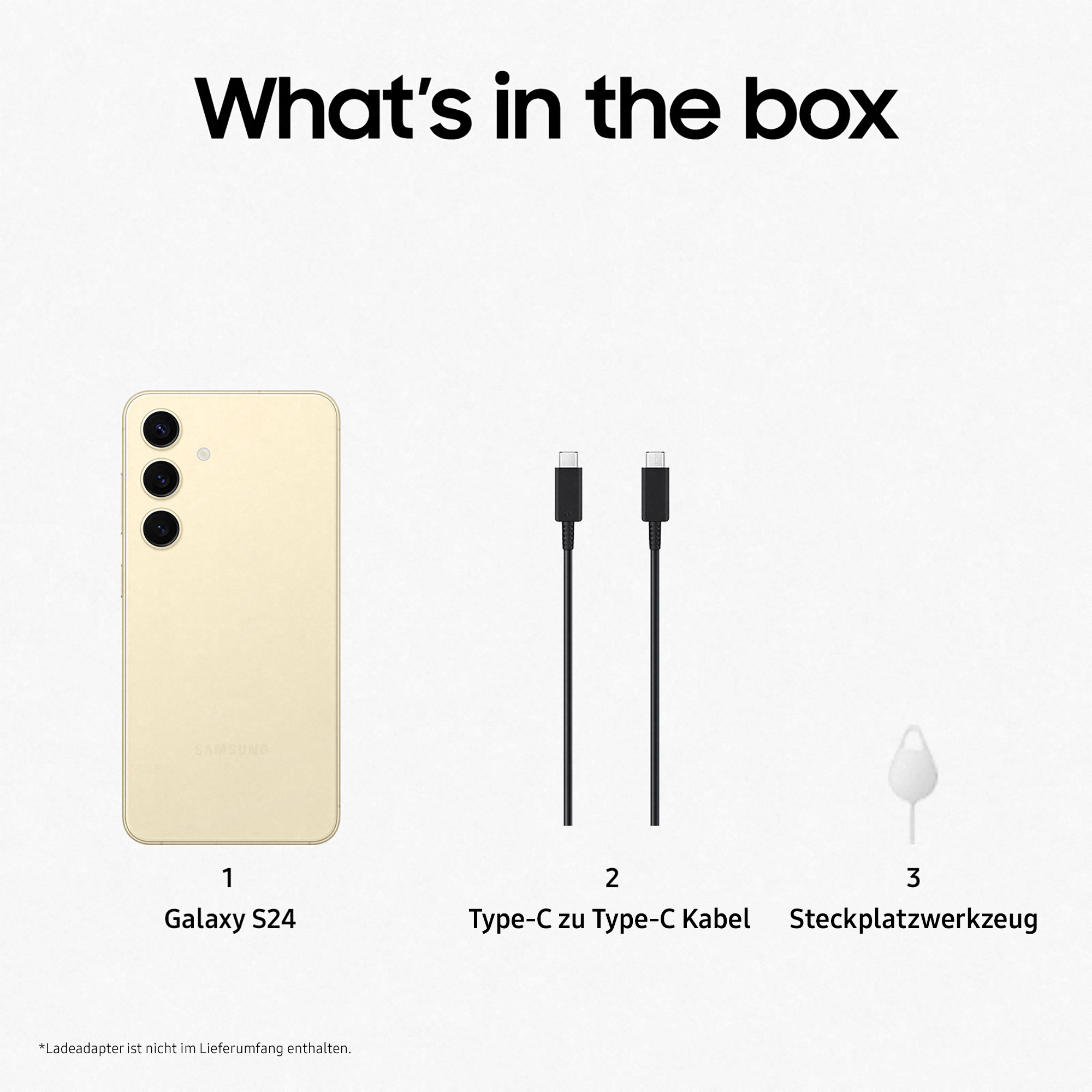 Ein goldenes Galaxy S24 Telefon, zwei schwarze Kabel und ein SIM-Auswurfwerkzeug. Weißer Hintergrund.