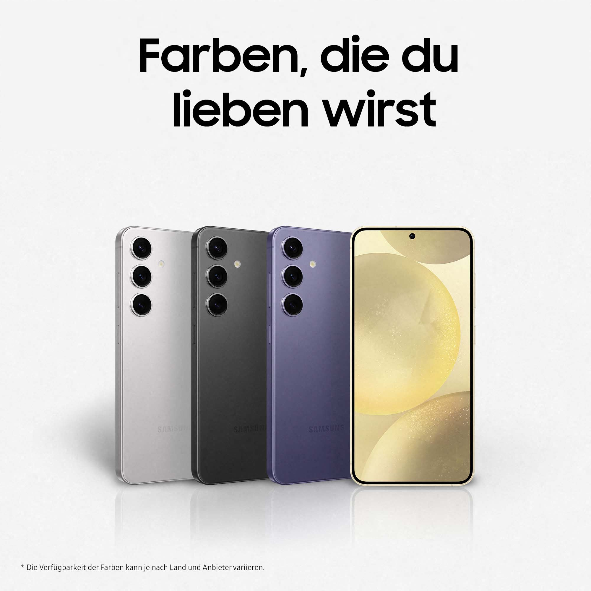 Vier Smartphones in einer Reihe, verschiedene Farben, mit dem Text: Farben, die du lieben wirst.