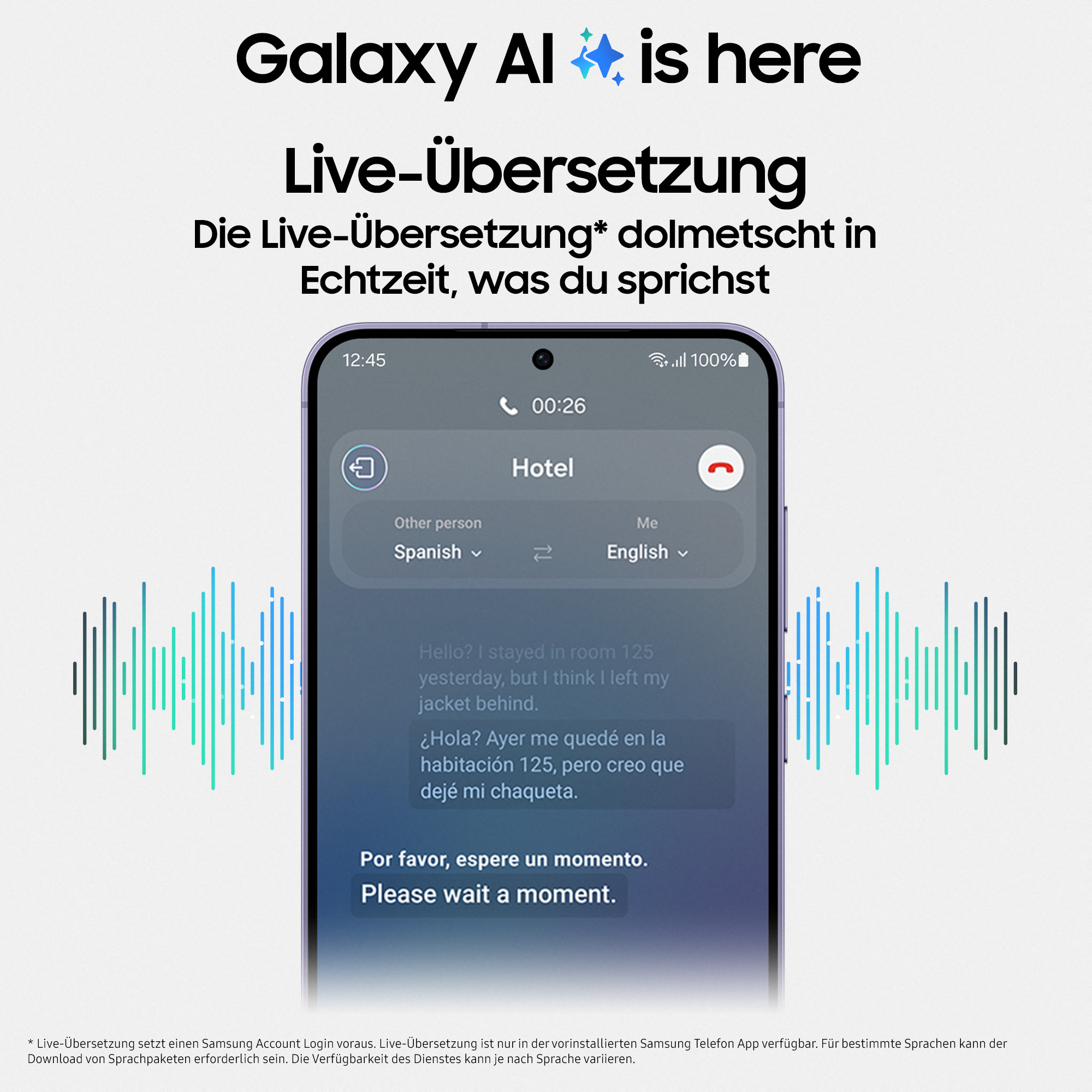 Ein Telefonbildschirm zeigt eine Übersetzungs-App. Text ist auf Spanisch und Englisch. Das Telefon ist lila.