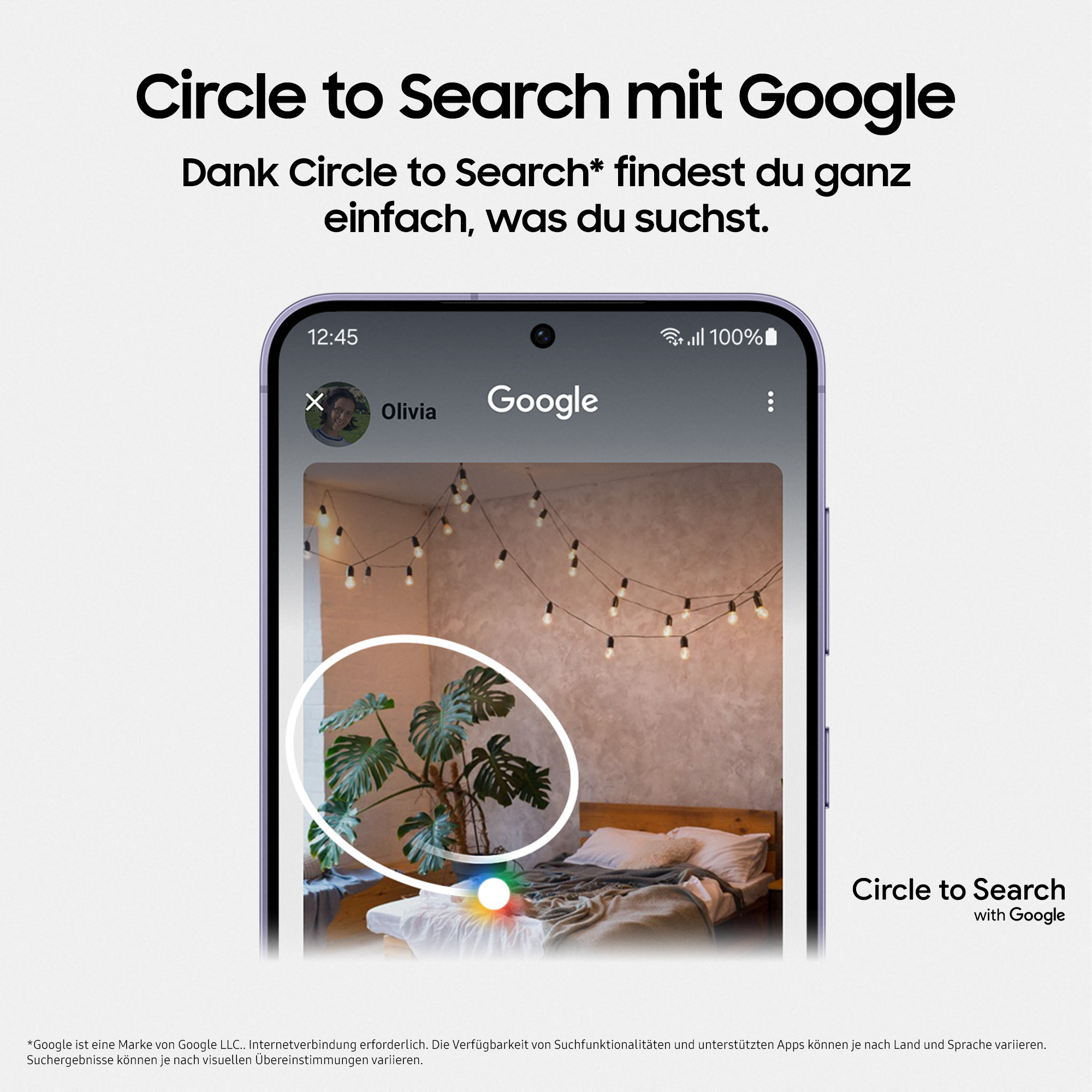 Telefonbildschirm mit Google-Suche, Kreis markiert eine Pflanze in einem Raum mit Lichtern.