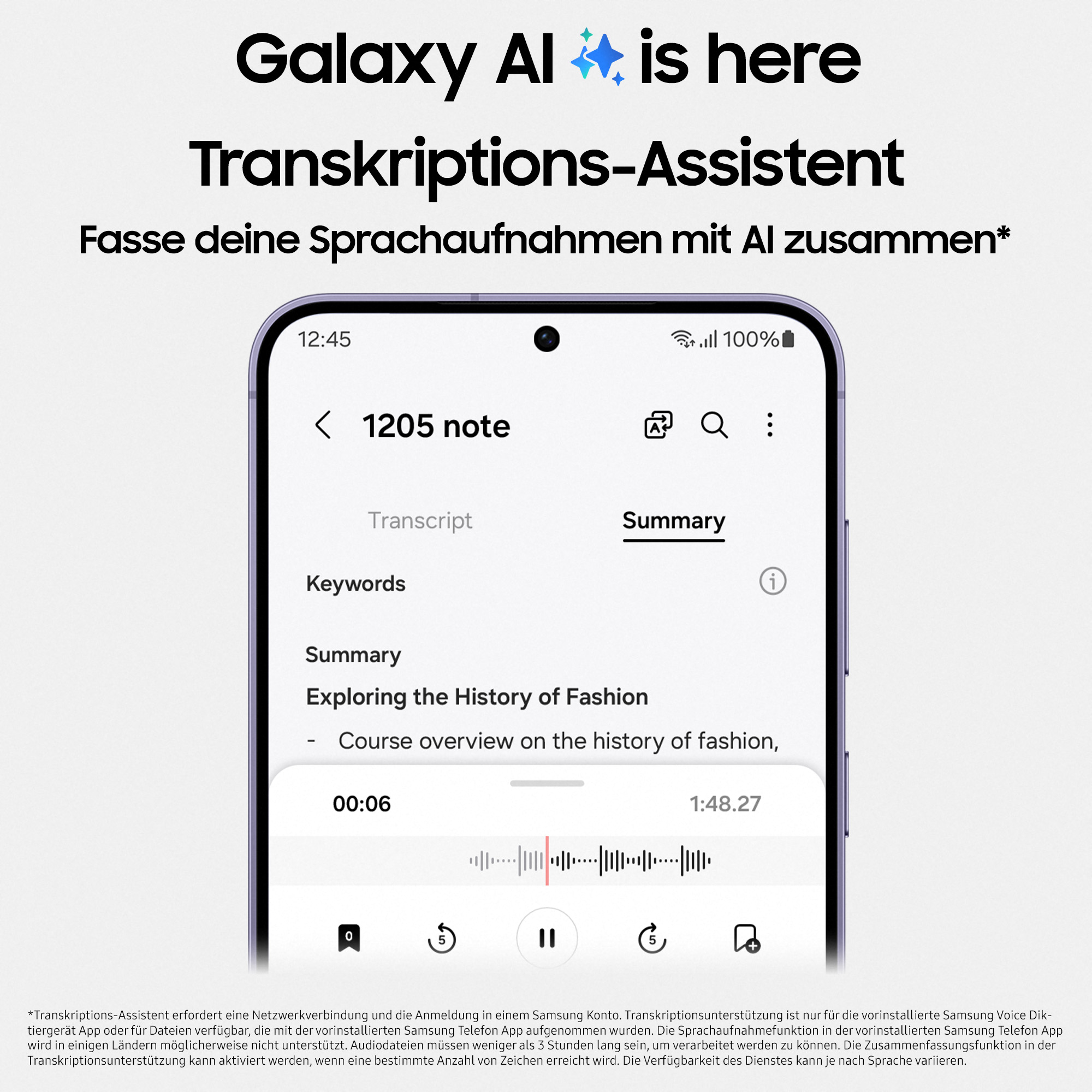 Telefonbildschirm zeigt Zusammenfassung eines Transkripts mit dem Titel 'Erkundung der Modegeschichte'.