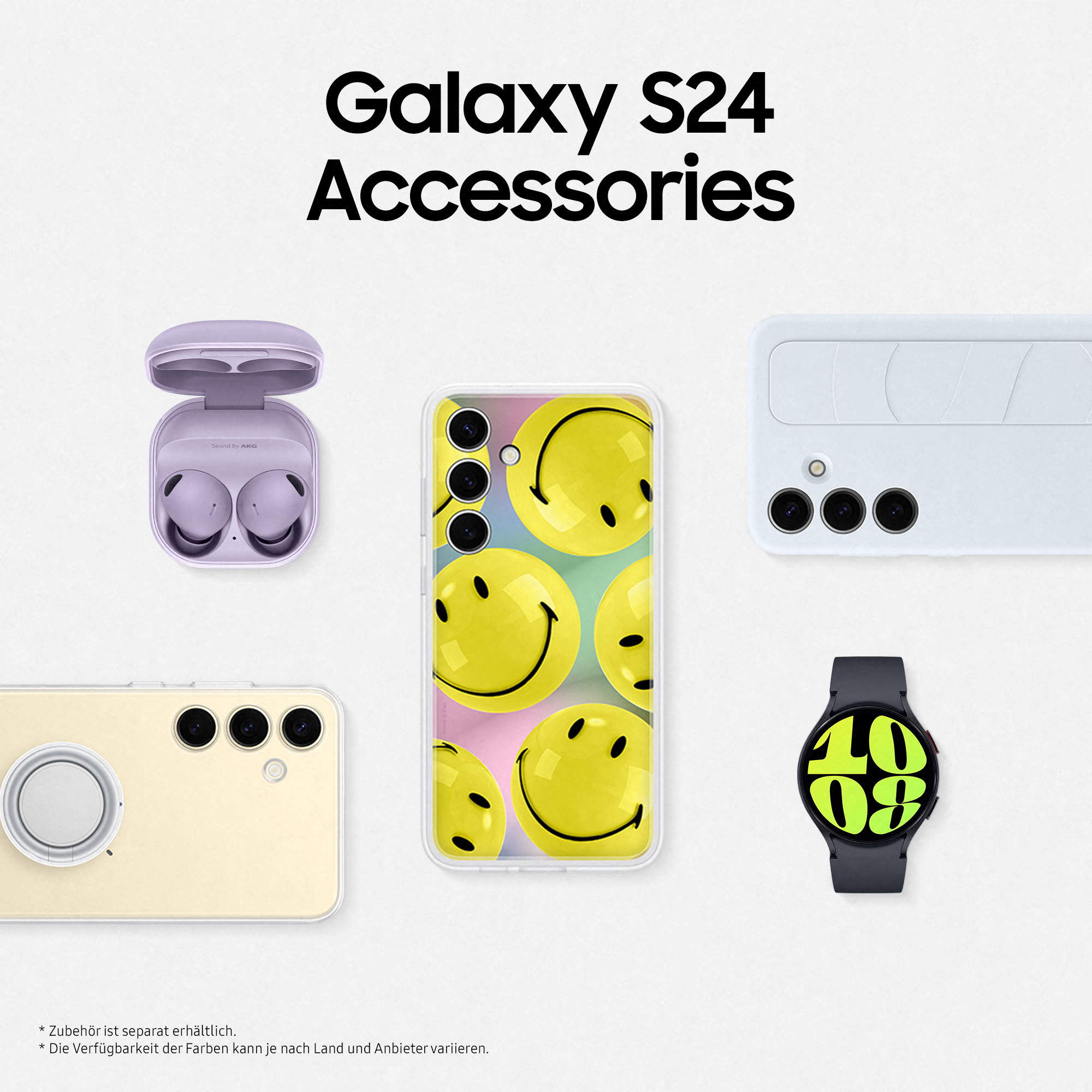 Galaxy S24 Zubehör: Ohrhörer, Handyhülle, Telefon und Smartwatch. Alle sind weiß, gelb und schwarz.