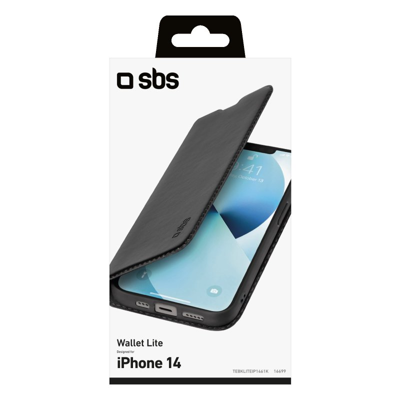 Schwarze SBS Wallet Lite Hülle für iPhone 14, Verpackung zeigt Hülle und Telefon darin.