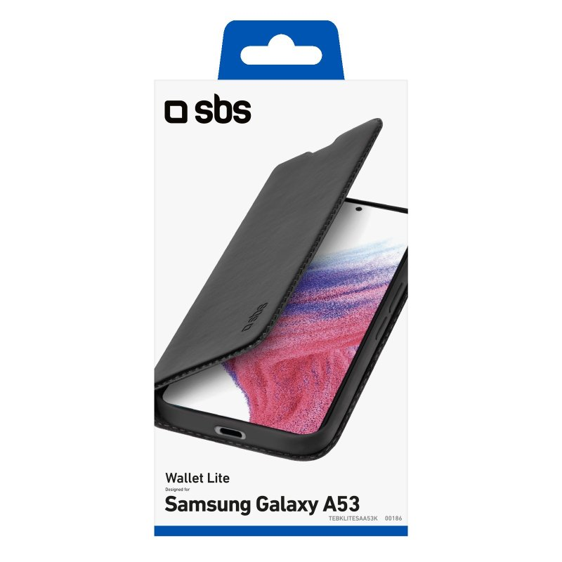 Eine schwarze Brieftasche für ein Samsung Galaxy A53 Telefon, in der Box dargestellt.