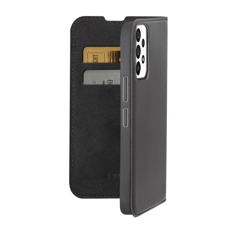 Eine schwarze Handytasche mit Kartenfach und einem Telefon darin. Es hat eine Kreditkarte darin.