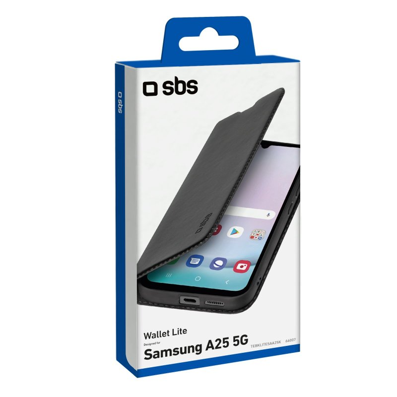 Schachtel mit Handyhülle 'Wallet Lite' für Samsung A25 5G. Schwarze Hülle, geöffnet.