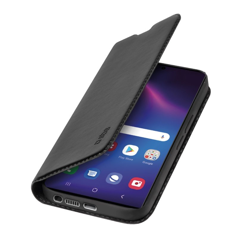Schwarze Handyhülle, geöffnet, um ein schwarzes Smartphone mit App-Symbolen auf dem Bildschirm zu zeigen.