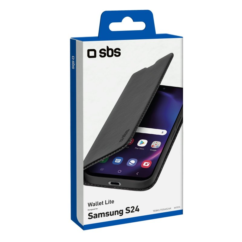 Schwarze SBS Wallet Lite Hülle für Samsung S24, Verpackung zeigt Hülle und Telefon darin.