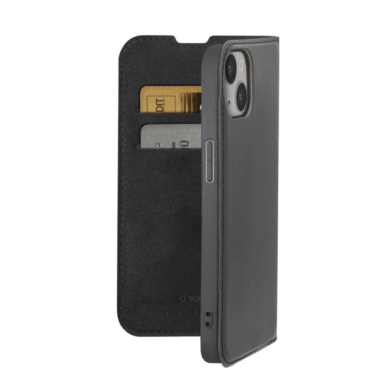 Schwarze Wallet Lite Hülle, geöffnet, mit Kartenfächern. Eine goldene Karte ist drin.