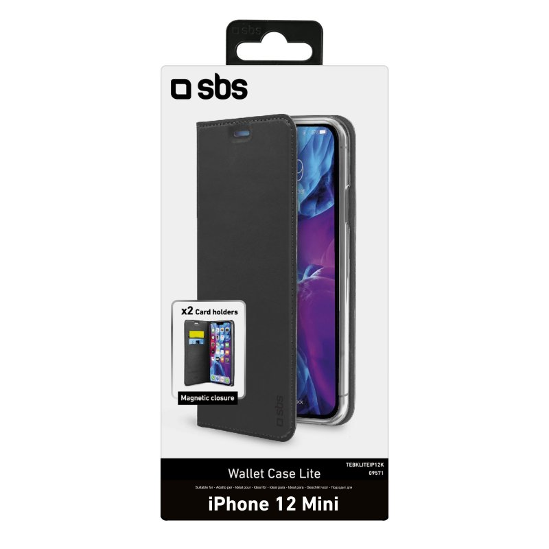 SBS iPhone 12 Mini Wallet Case in Verpackung, mit sichtbarem Telefon.