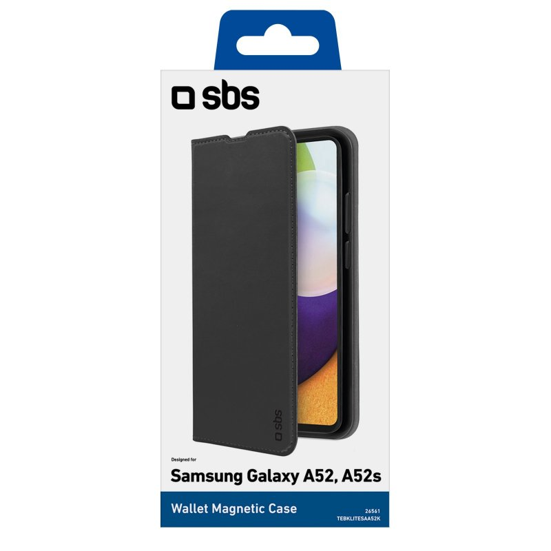 Eine schwarze Wallet-Hülle für ein Samsung Galaxy A52, A52s-Telefon. Die Hülle befindet sich in ihrer Verpackung.