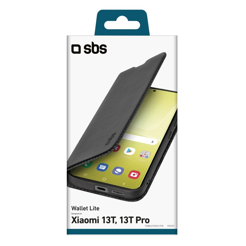 Schwarze Handyhülle mit einem Telefon darin, das den Bildschirm zeigt. Die Hülle hat die Marke SBS.