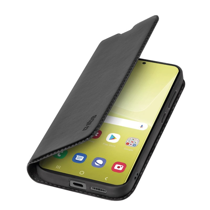 Schwarze Handyhülle mit einem Telefon. Die Hülle ist geöffnet und zeigt den Bildschirm mit Apps.