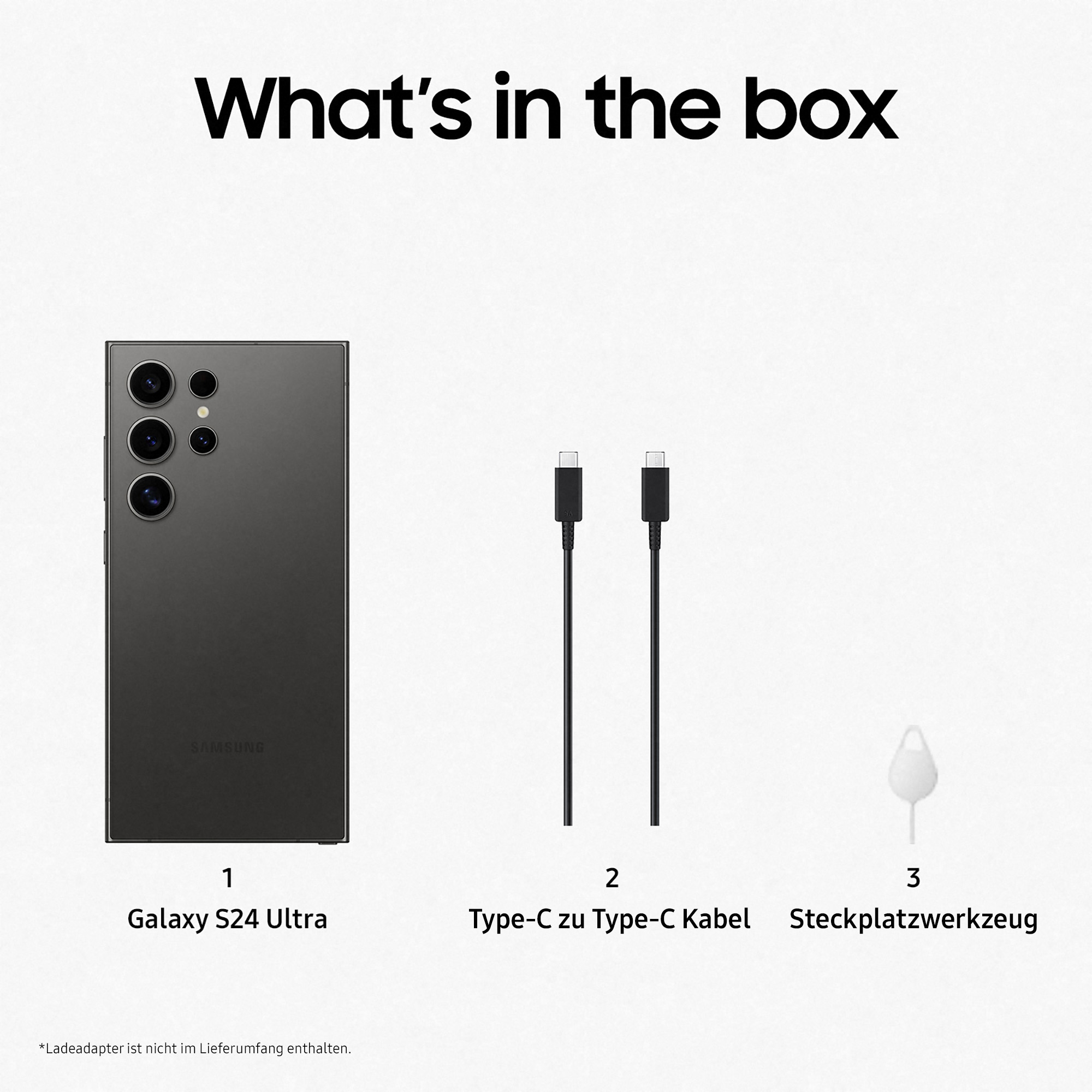 Packungsinhalt mit Telefon, Kabeln und Auswurfstift, weißer Hintergrund.
