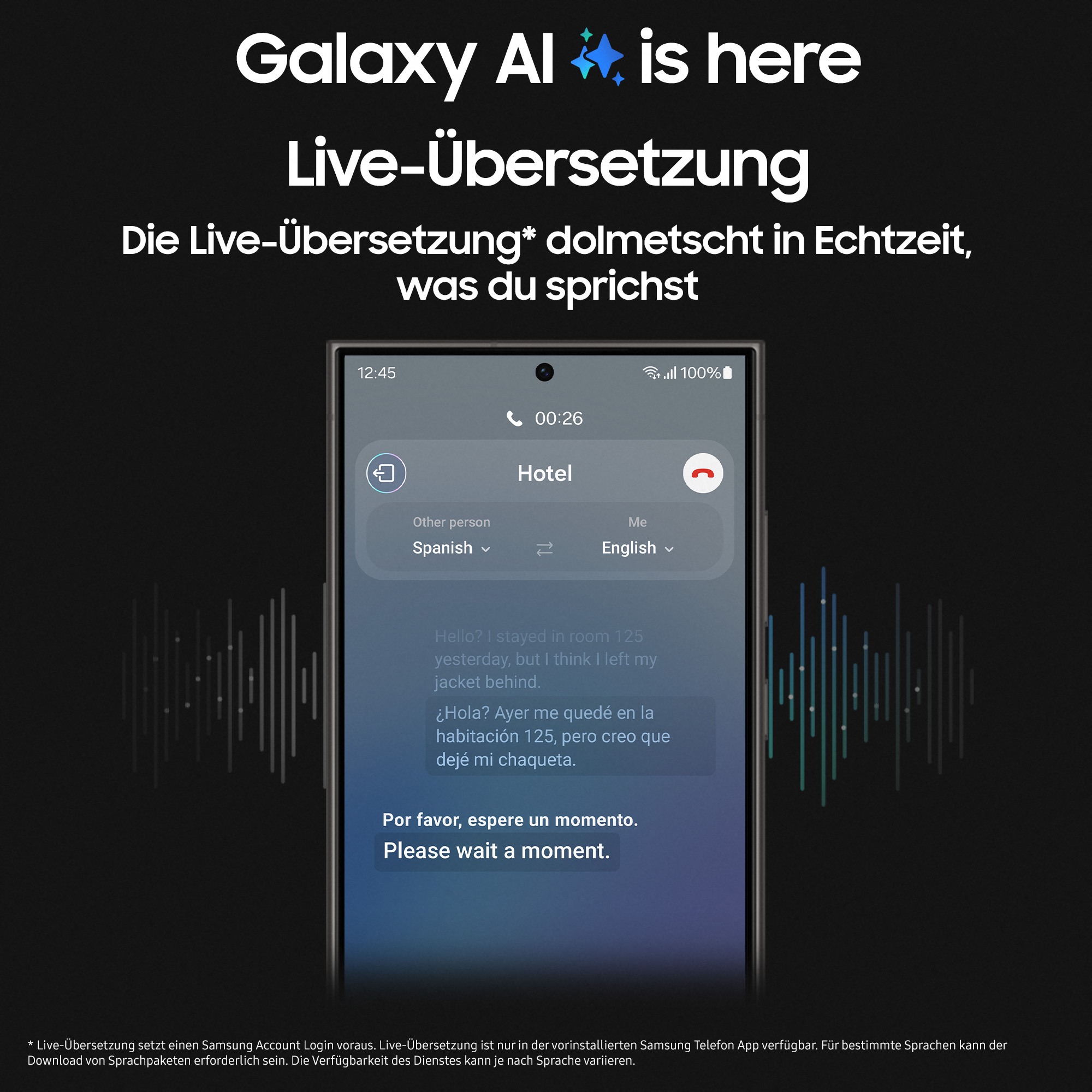 Ein Telefonbildschirm zeigt Echtzeitübersetzung. Text lautet 'Hotel' auf Spanisch, übersetzt ins Englische.