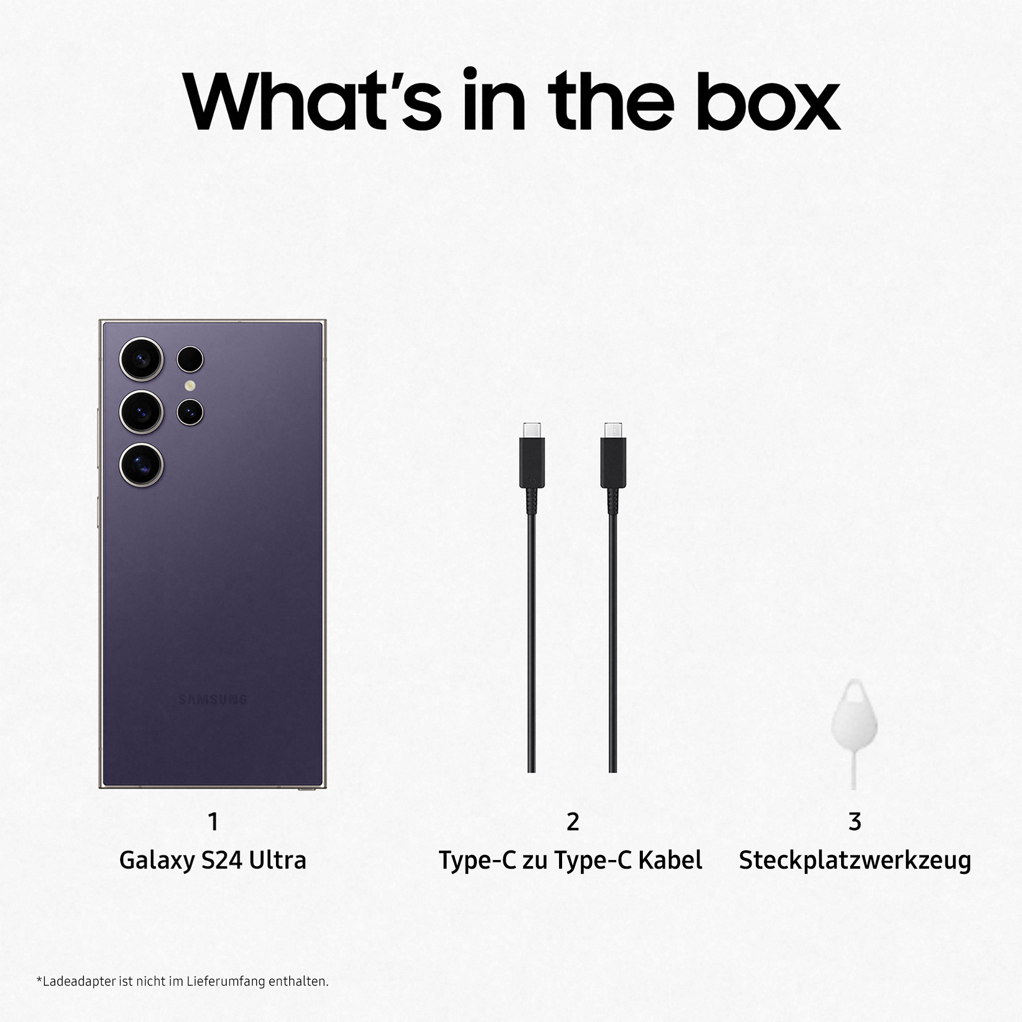 Boxinhalt: Galaxy S24 Ultra, Ladekabel und SIM-Auswurfwerkzeug.