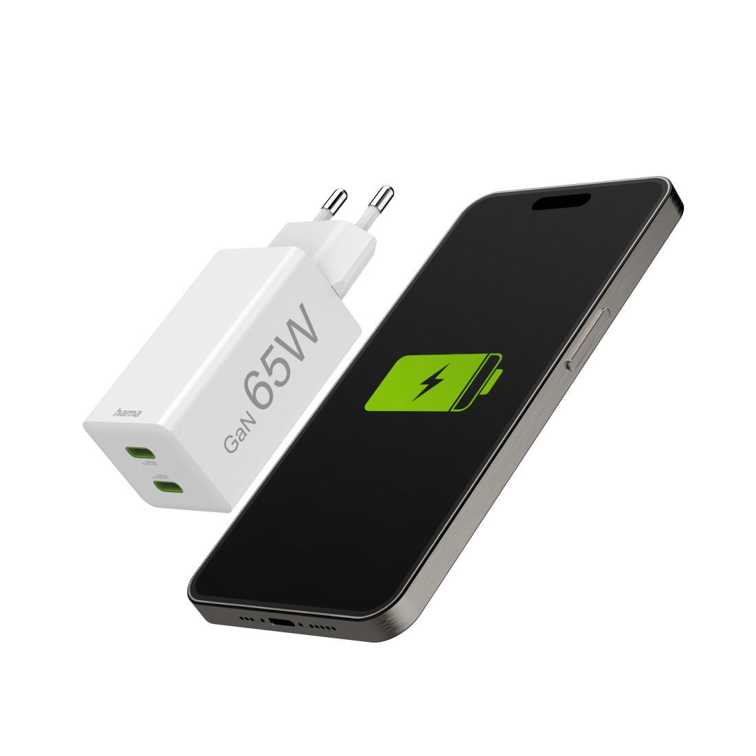 Weißes Hama 65W GaN-Ladegerät neben einem schwarzen Telefon mit Ladesymbol.