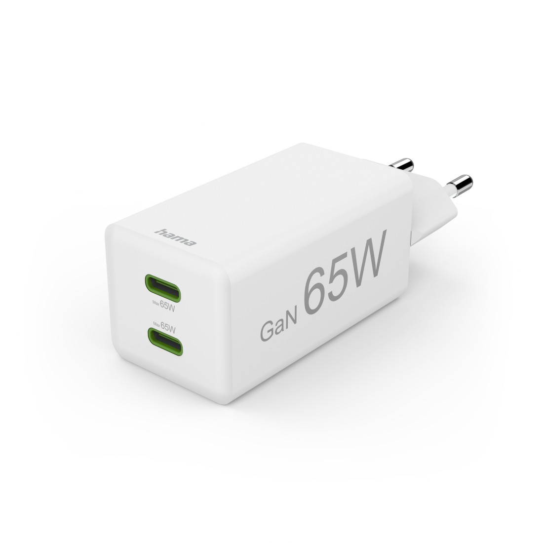 Ein weißes Hama GaN 65W Ladegerät mit zwei grünen USB-C-Anschlüssen. Auf weißem Hintergrund.
