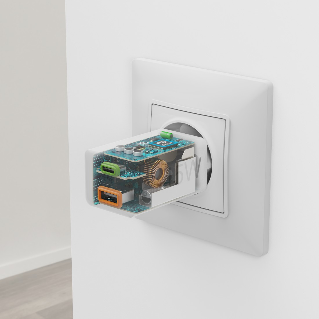 Ein teilweise zerlegtes elektronisches Gerät, das in eine Steckdose gesteckt wird.