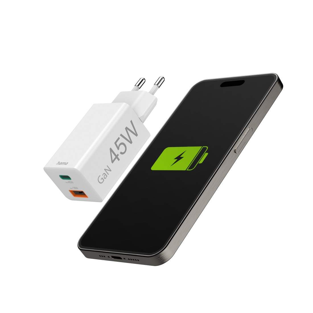 Weißes 45W GaN-Ladegerät neben einem schwarzen Smartphone mit grünem Ladesymbol.