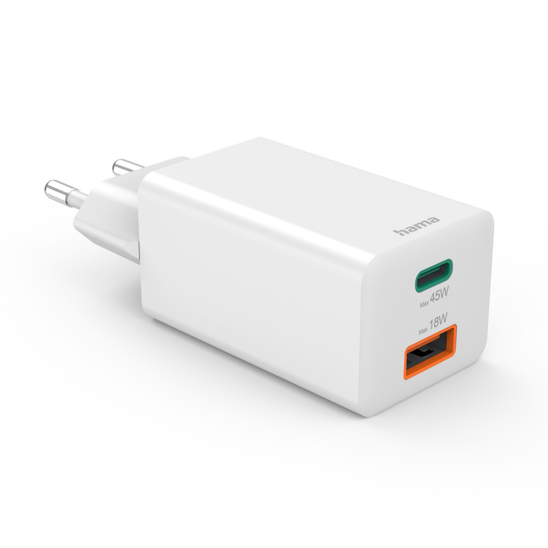Weißes Hama-Wandladegerät mit zwei USB-Anschlüssen. Einer ist grün, der andere orange.