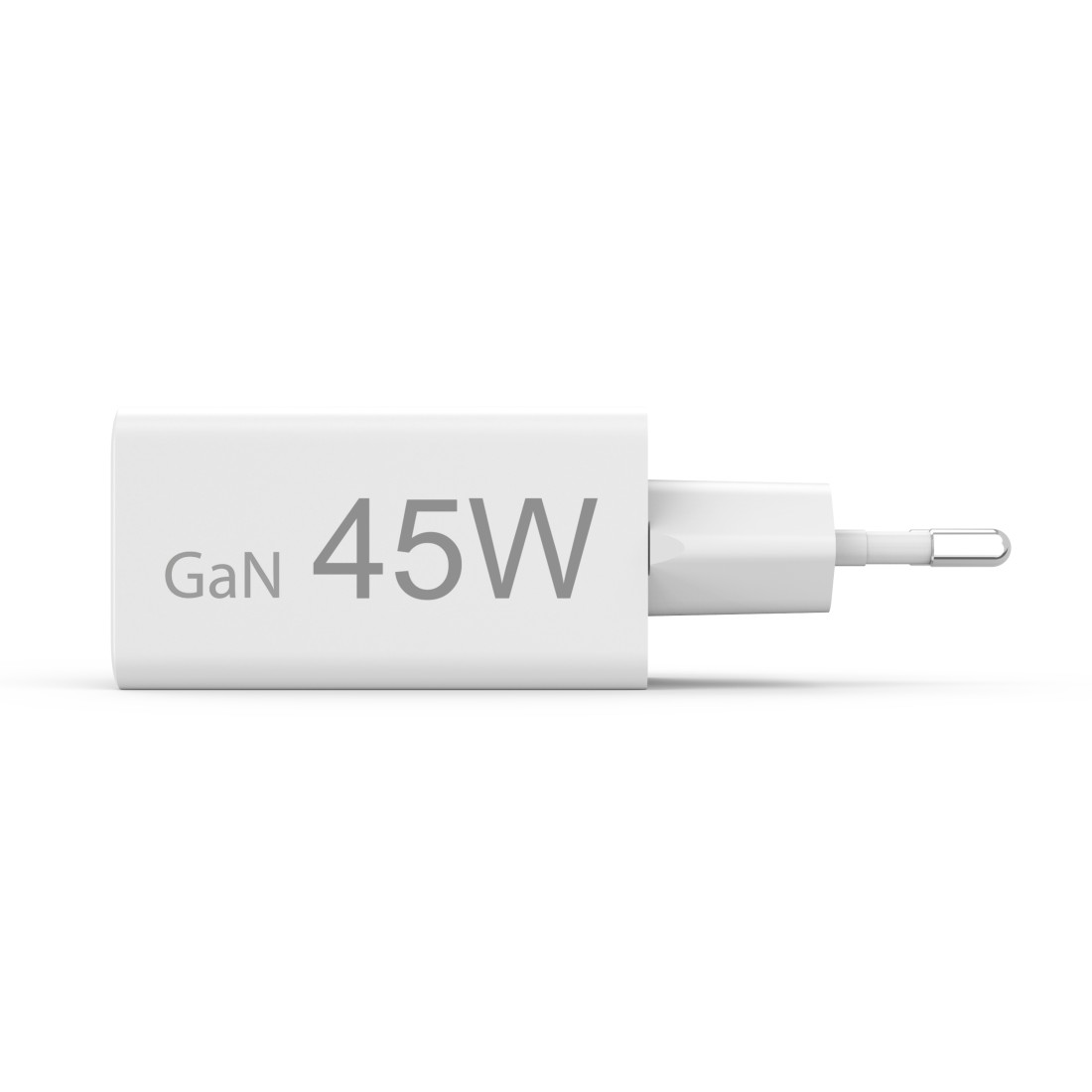 Ein weißes GaN 45W Ladegerät mit Stecker auf der rechten Seite.