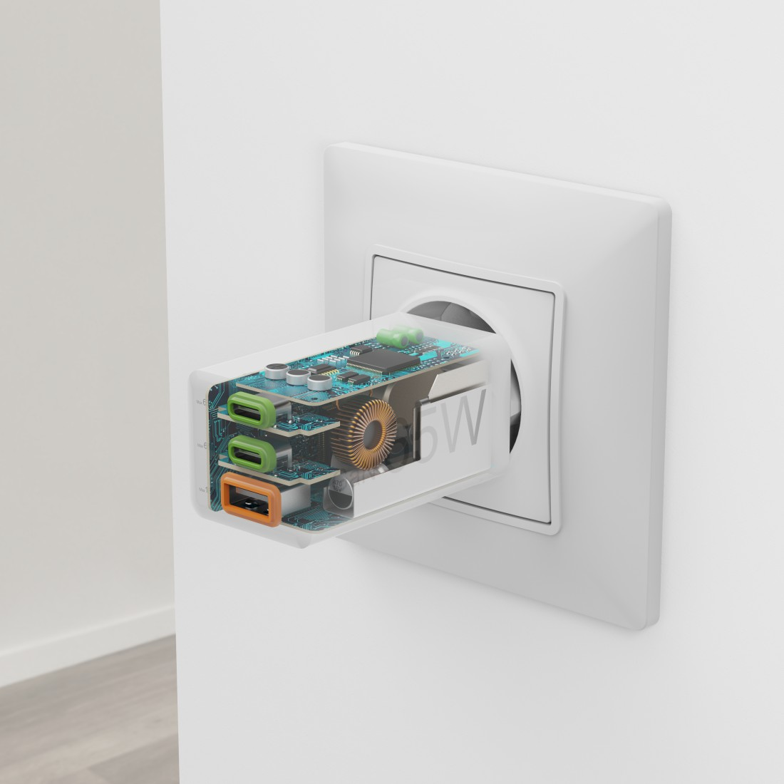 Weißer Netzadapter-Ausschnitt, der die internen Komponenten zeigt, eingesteckt.