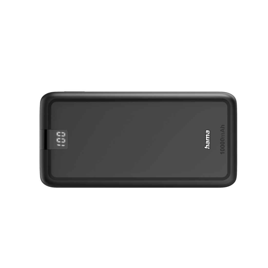 Eine schwarze Powerbank mit digitaler Anzeige des Akkustands.