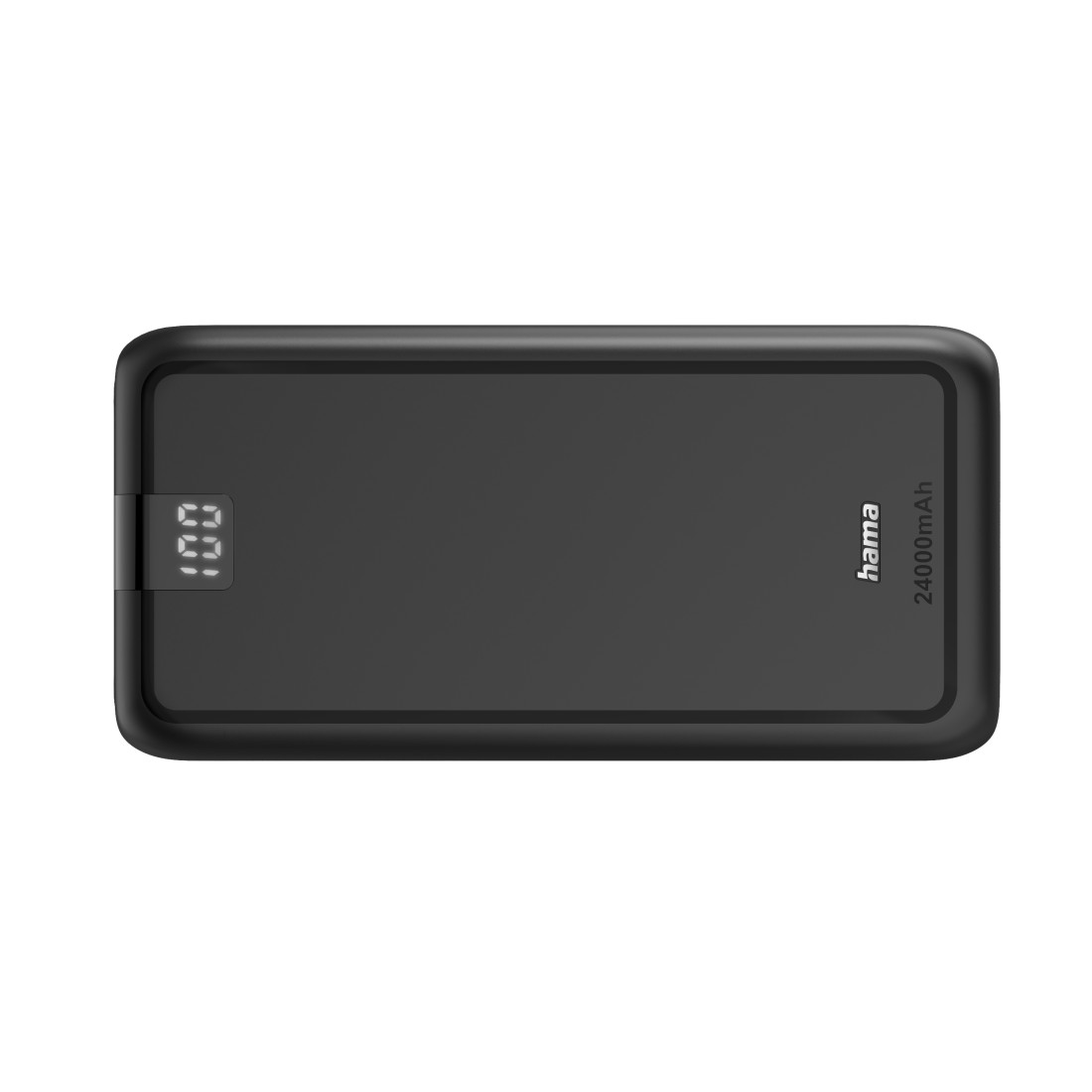 Schwarze Hama Powerbank mit digitaler Anzeige, die 100 % anzeigt.